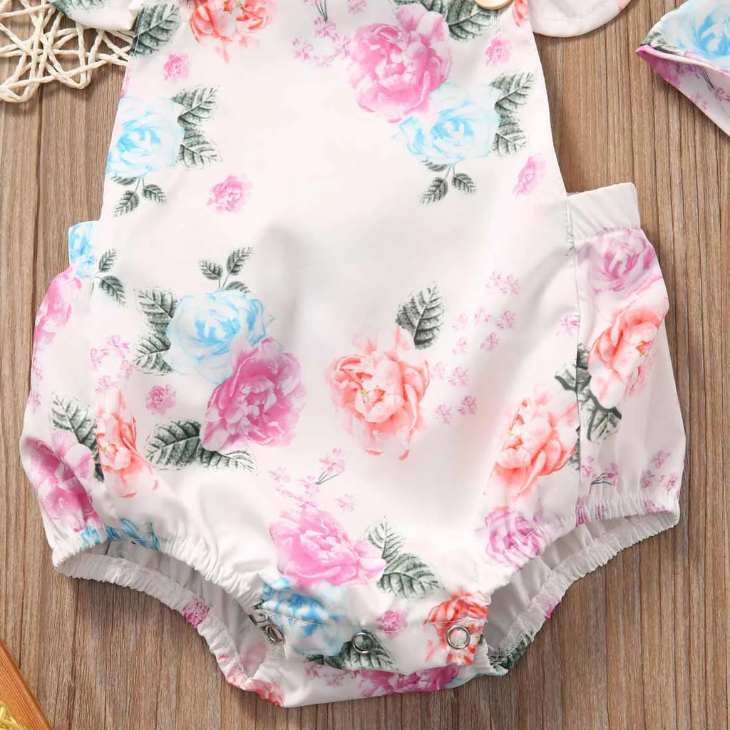 Ensemble 2 pièces bébé fille – Combinaison florale sans manches + bandeau