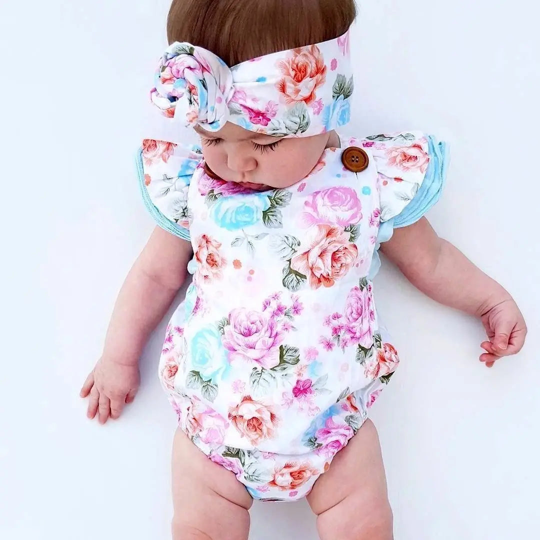 Ensemble 2 pièces bébé fille – Combinaison florale sans manches + bandeau