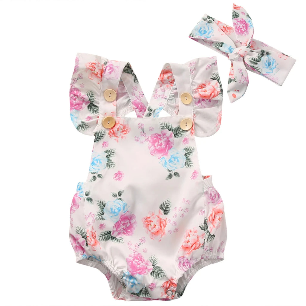 Ensemble 2 pièces bébé fille – Combinaison florale sans manches + bandeau