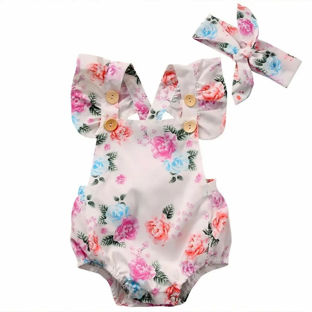 Ensemble 2 pièces bébé fille – Combinaison florale sans manches + bandeau