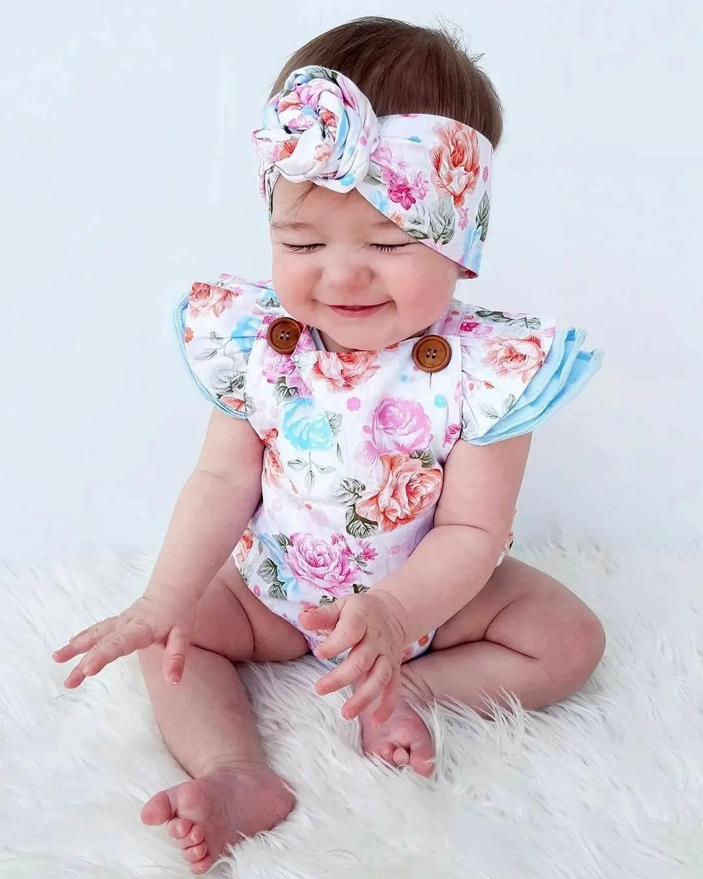Ensemble 2 pièces bébé fille – Combinaison florale sans manches + bandeau