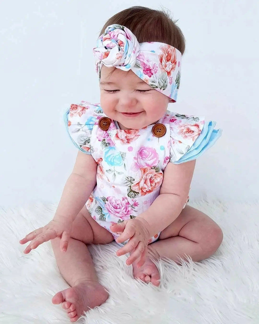 Ensemble 2 pièces bébé fille – Combinaison florale sans manches + bandeau