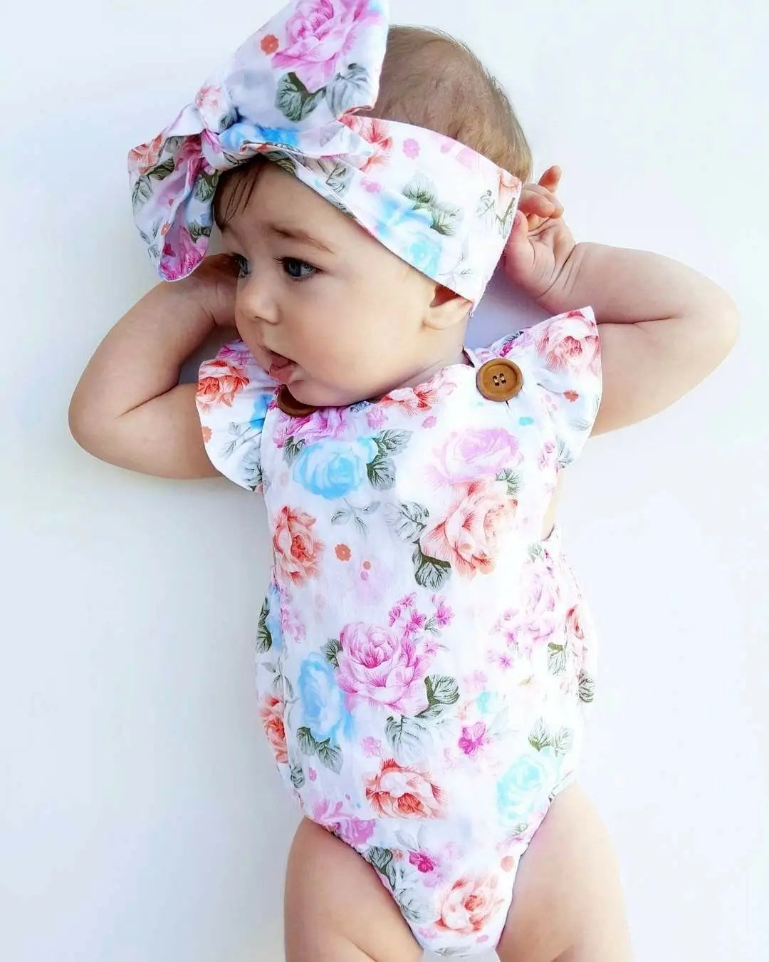 Ensemble 2 pièces bébé fille – Combinaison florale sans manches + bandeau